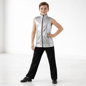 Kelle Metallic Silver Dance Costume Vest Youth L Stage Recital Zip Performance